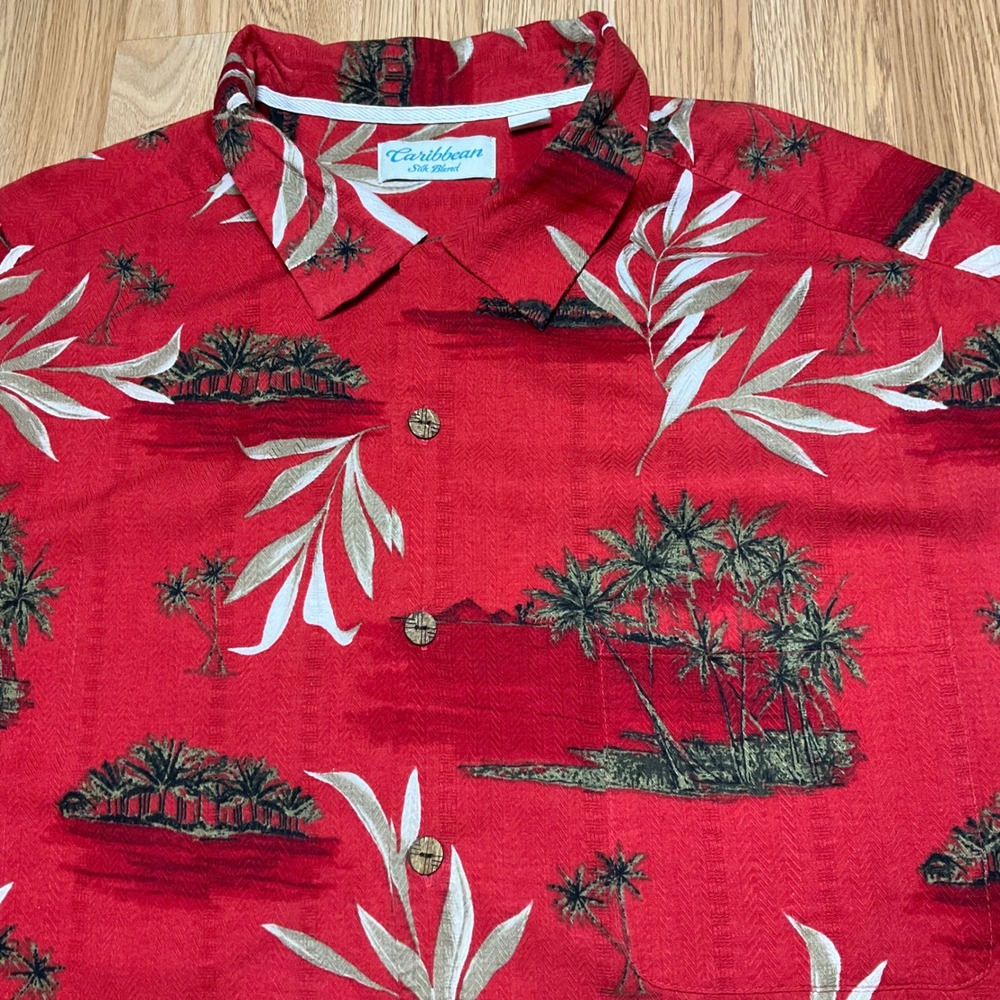 Caribbean Mens 2XB Red Silk Blend Tropical Palm Tree Island Button Down Shirt